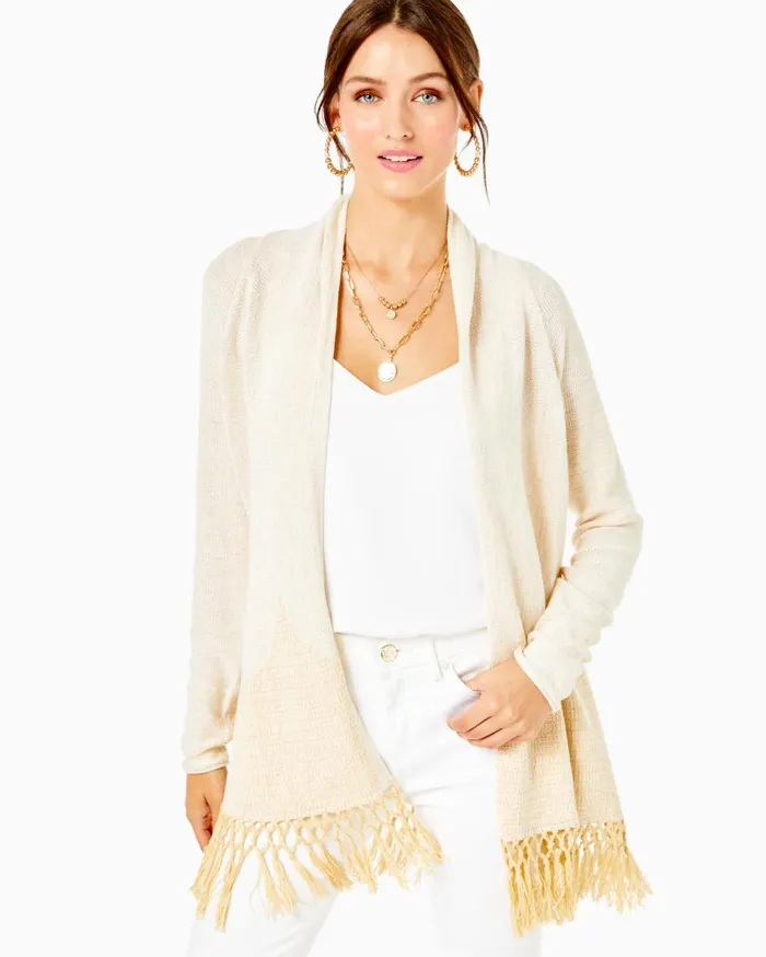 Women Lilly Pulitzer Tops Tatum Long Fringe Hem Cardigan Gold Metallic