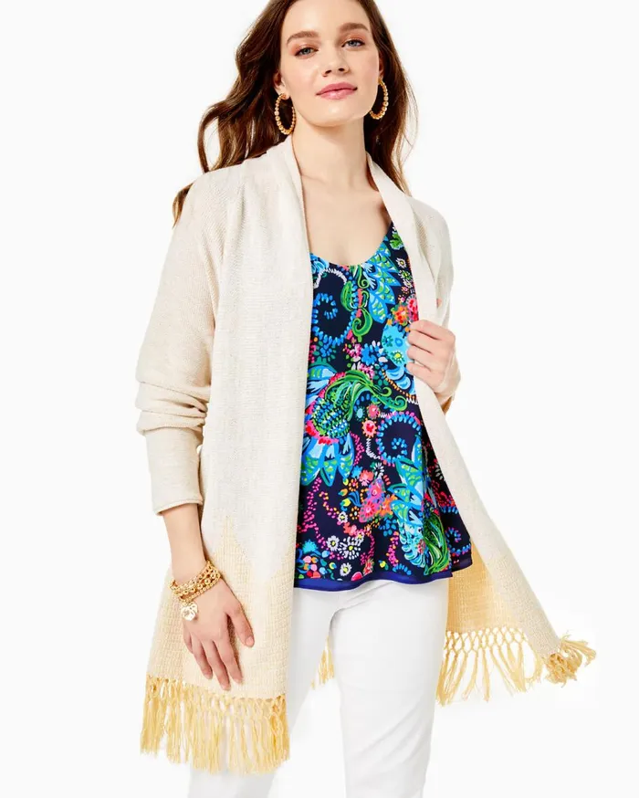Women Lilly Pulitzer Tops Tatum Long Fringe Hem Cardigan Gold Metallic Women Lilly Pulitzer Tops Tatum Long Fringe Hem Cardigan Gold Metallic