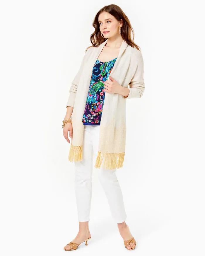 Women Lilly Pulitzer Tops Tatum Long Fringe Hem Cardigan Gold Metallic Women Lilly Pulitzer Tops Tatum Long Fringe Hem Cardigan Gold Metallic