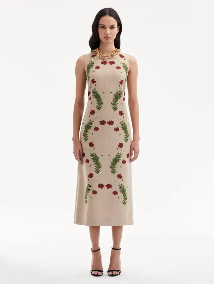 Women Marbled Carnation Canvas Pencil Dress Linen Red Oscar De La Renta Dresses Women Marbled Carnation Canvas Pencil Dress Linen Red Oscar De La Renta Dresses