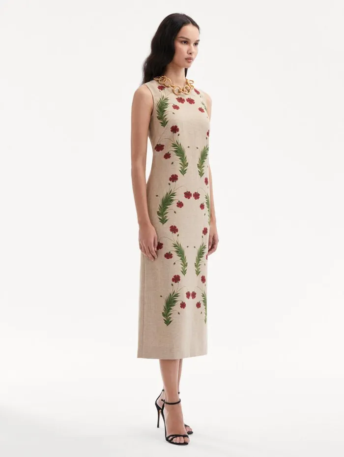Women Marbled Carnation Canvas Pencil Dress Linen Red Oscar De La Renta Dresses Women Marbled Carnation Canvas Pencil Dress Linen Red Oscar De La Renta Dresses