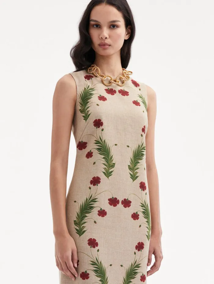 Women Marbled Carnation Canvas Pencil Dress Linen Red Oscar De La Renta Dresses Women Marbled Carnation Canvas Pencil Dress Linen Red Oscar De La Renta Dresses