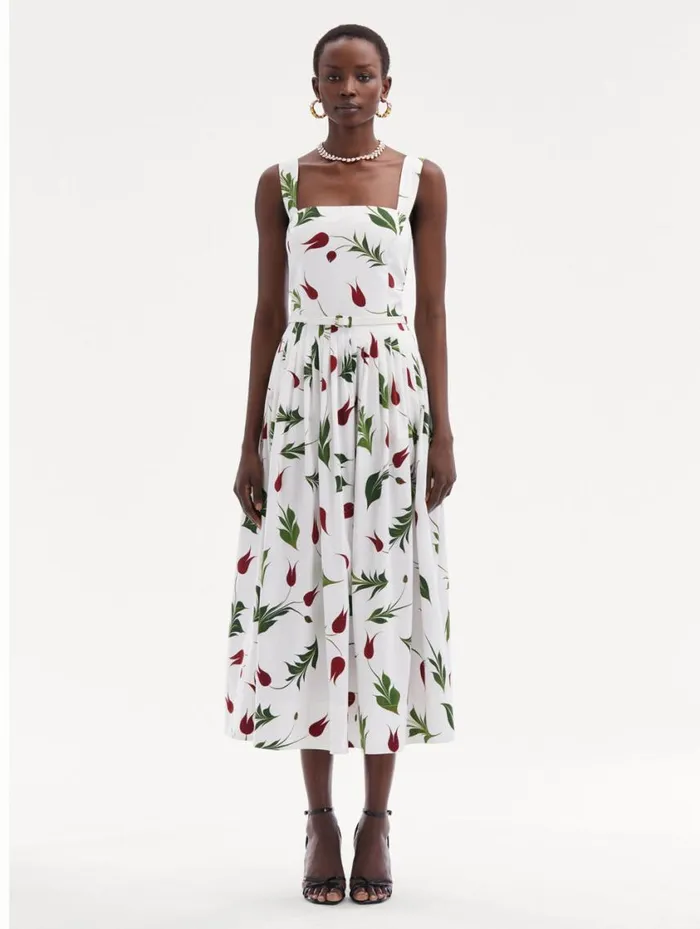 Women Marbled Tulip Cotton Poplin Dress White Multi Oscar De La Renta Dresses Women Marbled Tulip Cotton Poplin Dress White Multi Oscar De La Renta Dresses