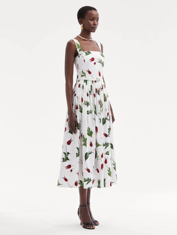 Women Marbled Tulip Cotton Poplin Dress White Multi Oscar De La Renta Dresses Women Marbled Tulip Cotton Poplin Dress White Multi Oscar De La Renta Dresses