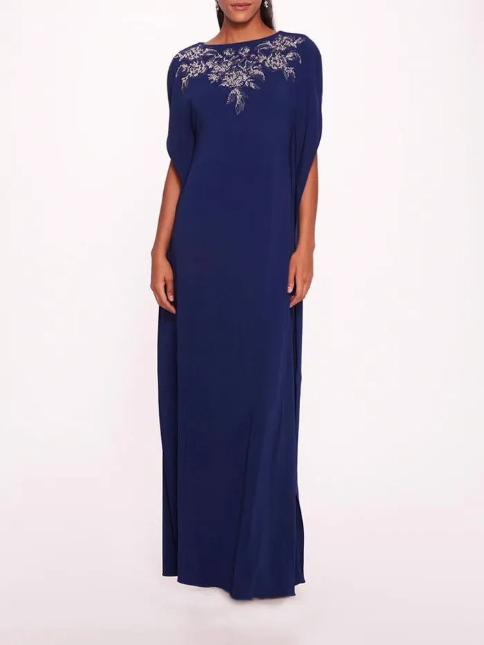 Women Marchesa Dresses Embroidered Crepe Kaftan Navy