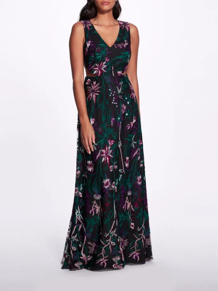 Women Marchesa Dresses Keyhole Back Floral Gown Black