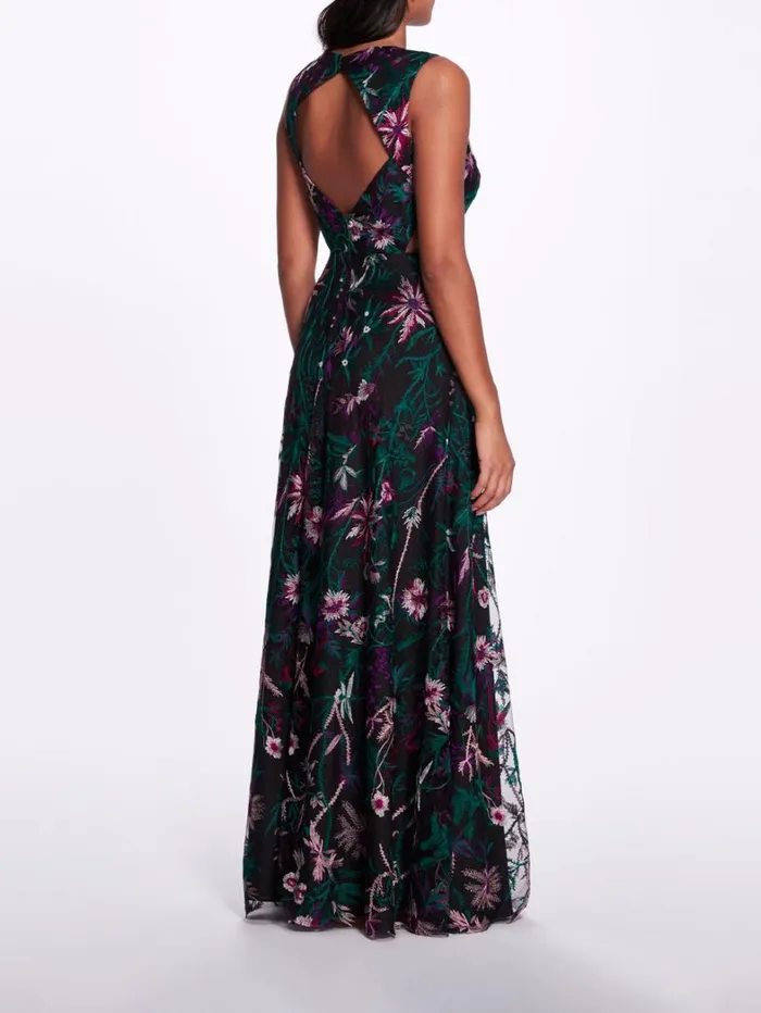 Women Marchesa Dresses Keyhole Back Floral Gown Black