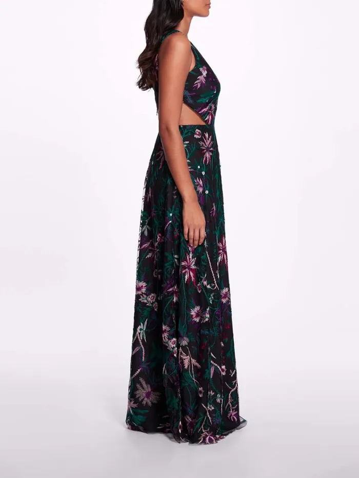 Women Marchesa Dresses Keyhole Back Floral Gown Black