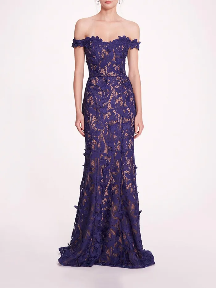 Women Marchesa Dresses Organic Lace Gown Navy