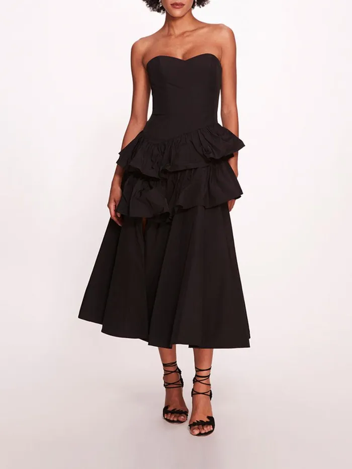 Women Marchesa Dresses Taffeta Tiered Midi Dress Black