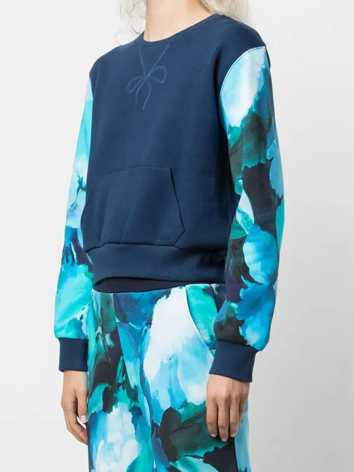 Women Marchesa Tops Blue Floral Printed Crew Neck Cropped Sweatshirt With Mesh Cutout Back Navy Multi Women Marchesa Tops Blue Floral Printed Crew Neck Cropped Sweatshirt With Mesh Cutout Back Navy Multi