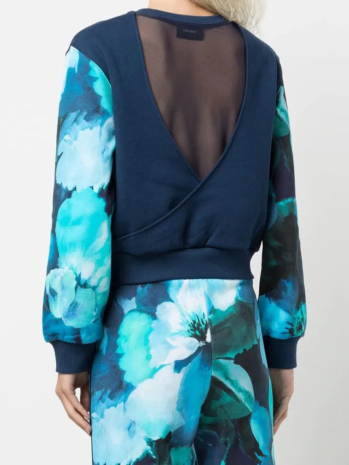 Women Marchesa Tops Blue Floral Printed Crew Neck Cropped Sweatshirt With Mesh Cutout Back Navy Multi Women Marchesa Tops Blue Floral Printed Crew Neck Cropped Sweatshirt With Mesh Cutout Back Navy Multi