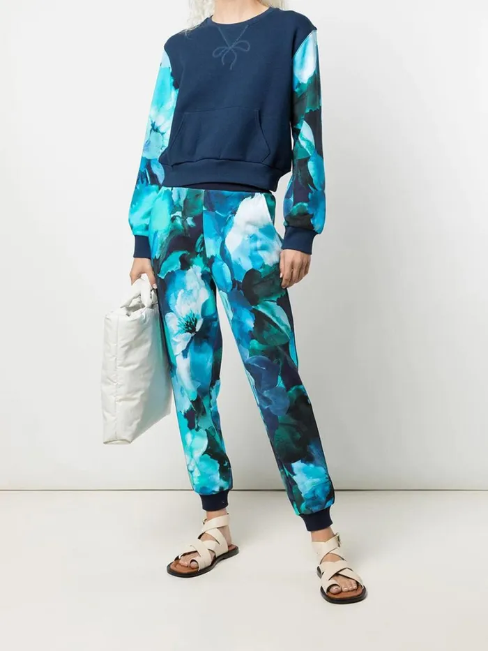 Women Marchesa Tops Blue Floral Printed Crew Neck Cropped Sweatshirt With Mesh Cutout Back Navy Multi Women Marchesa Tops Blue Floral Printed Crew Neck Cropped Sweatshirt With Mesh Cutout Back Navy Multi