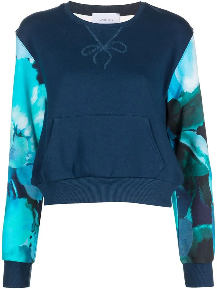 Women Marchesa Tops Blue Floral Printed Crew Neck Cropped Sweatshirt With Mesh Cutout Back Navy Multi Women Marchesa Tops Blue Floral Printed Crew Neck Cropped Sweatshirt With Mesh Cutout Back Navy Multi