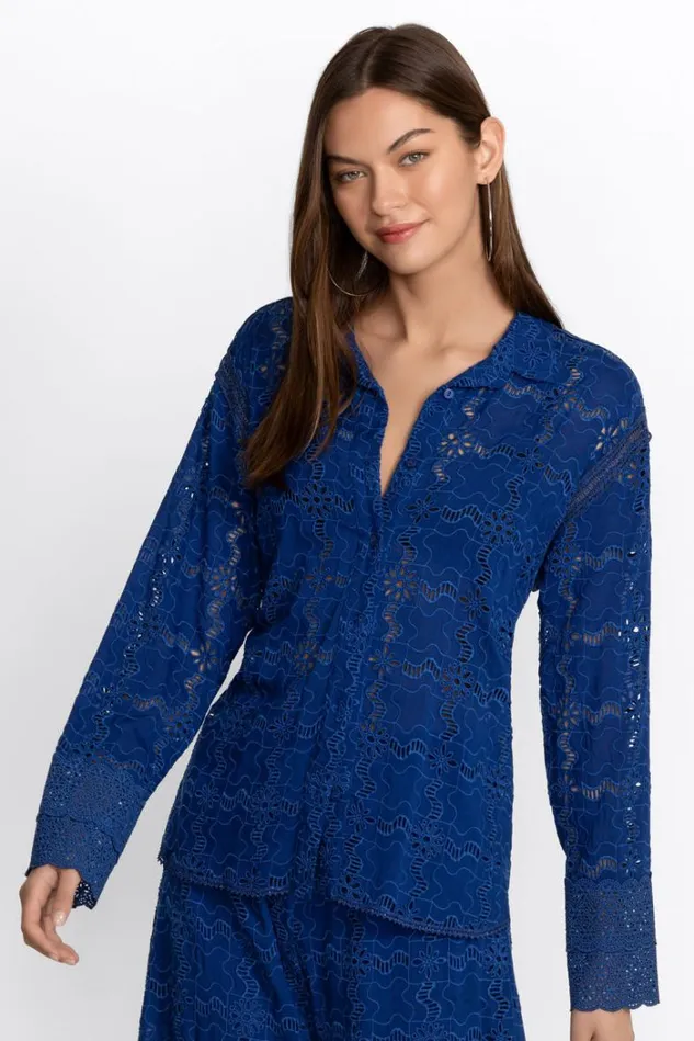 Women MARINA JOY RAYON SHIRT Sailor Blue Johnny Was Tops