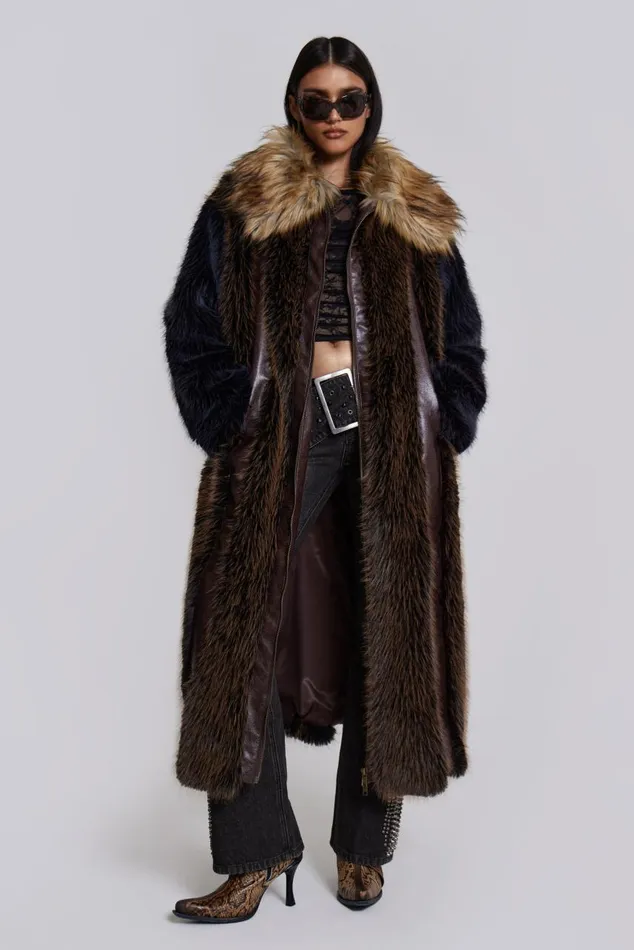 Women Maxi Length Fur and Leather Coat Jaded London Outerwear