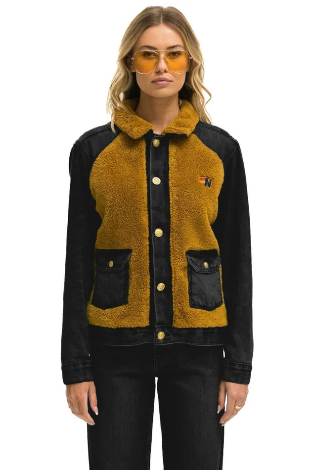 WomenMen Denim Aviator Nation Aspen Sherpa Unisex Denim Jacket 8211 Black Honey