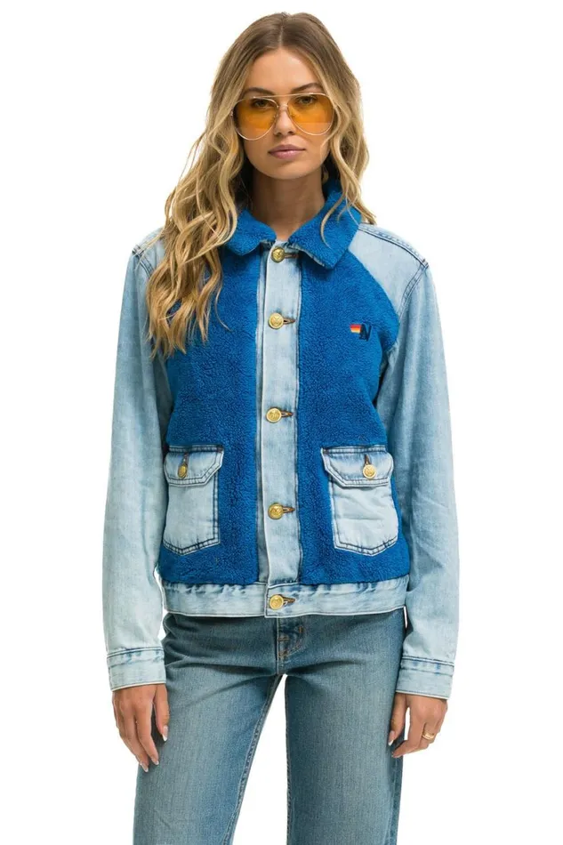 WomenMen Denim Aviator Nation Aspen Sherpa Unisex Denim Jacket 8211 Super Light Blue