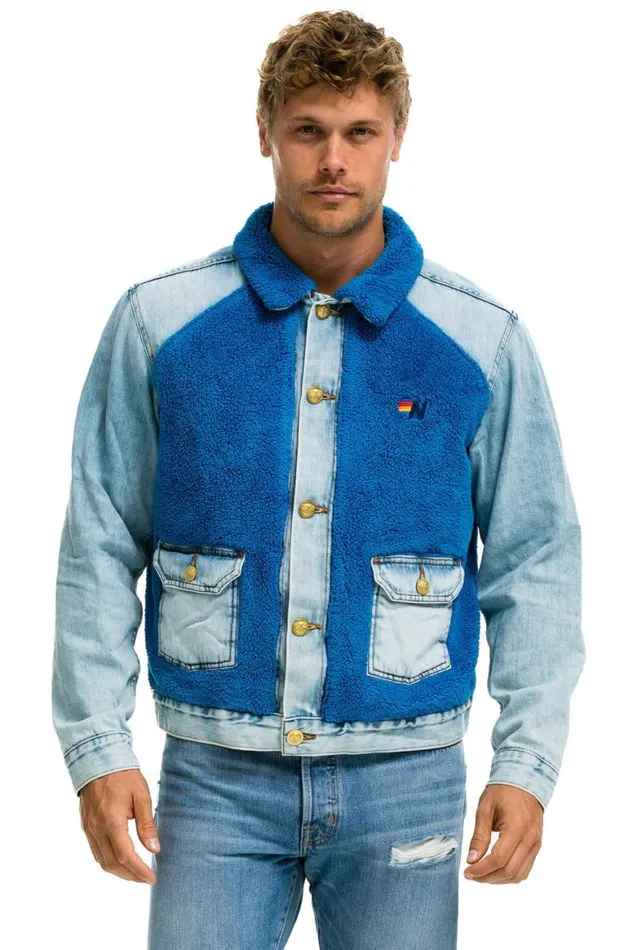 WomenMen Denim Aviator Nation Aspen Sherpa Unisex Denim Jacket 8211 Super Light Blue