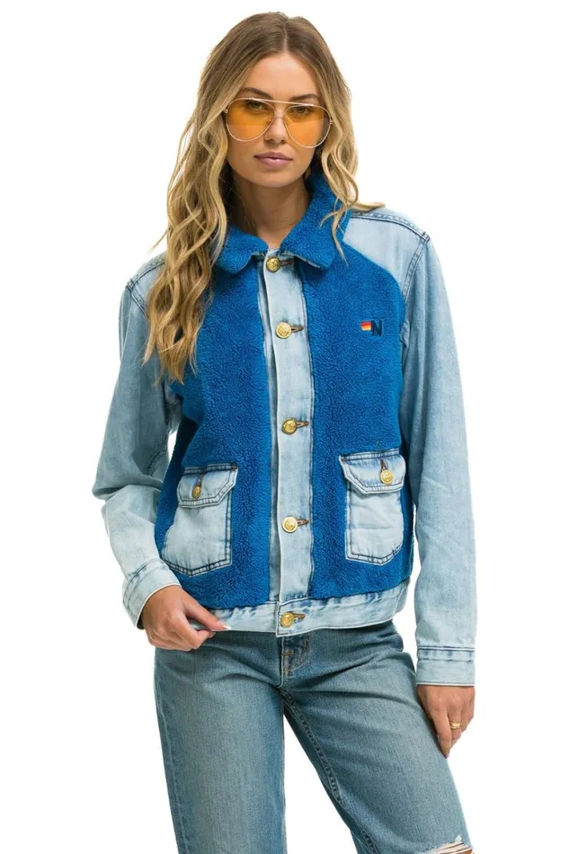 WomenMen Denim Aviator Nation Aspen Sherpa Unisex Denim Jacket 8211 Super Light Blue