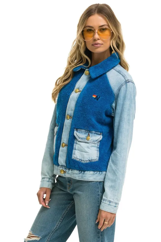 WomenMen Denim Aviator Nation Aspen Sherpa Unisex Denim Jacket 8211 Super Light Blue