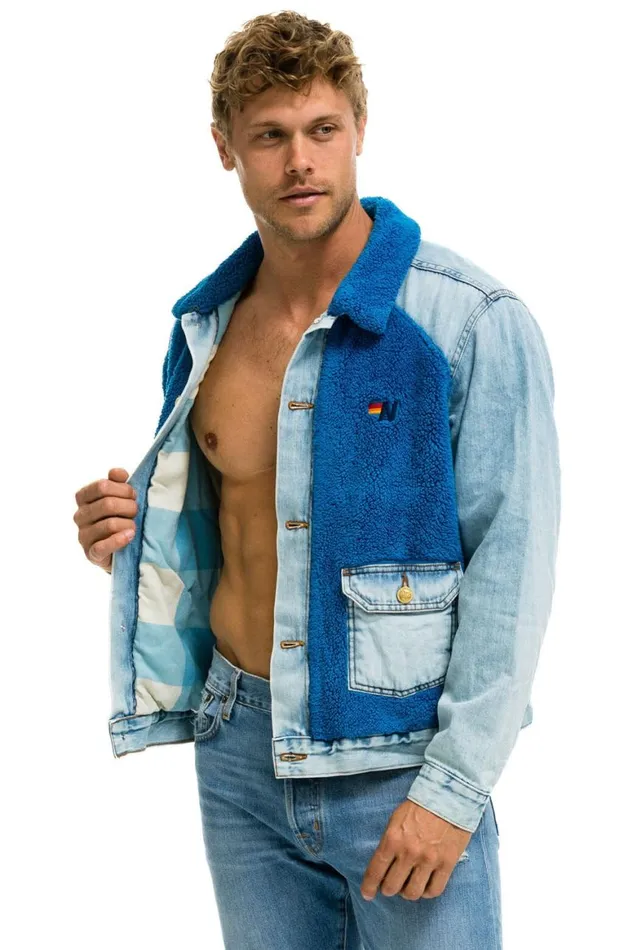WomenMen Denim Aviator Nation Aspen Sherpa Unisex Denim Jacket 8211 Super Light Blue