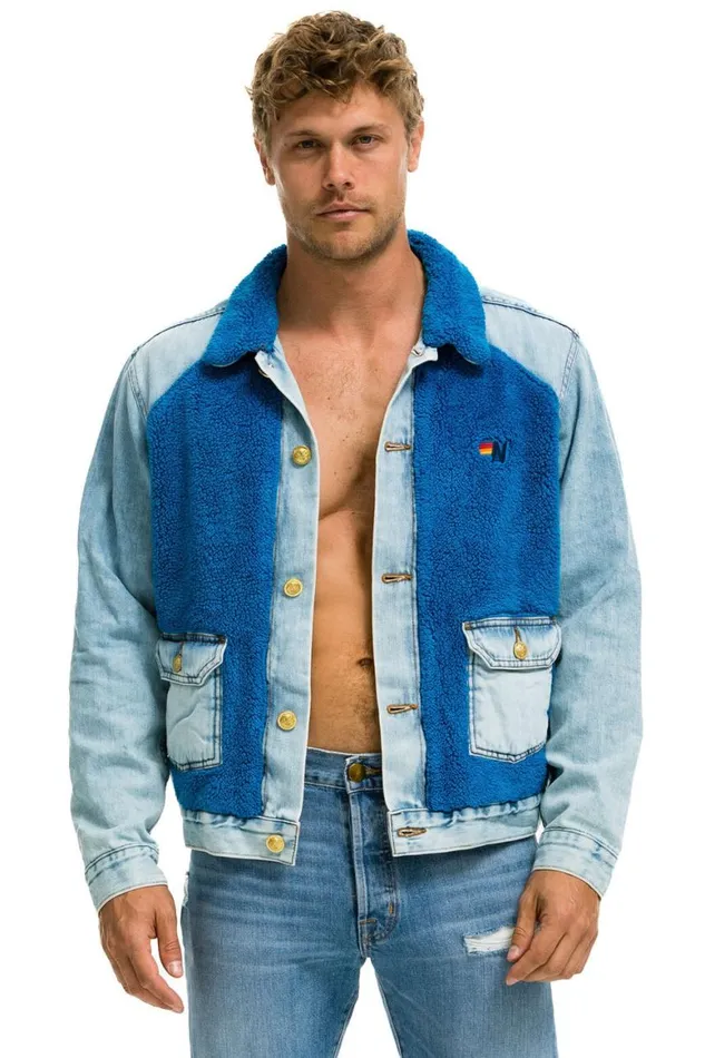 WomenMen Denim Aviator Nation Aspen Sherpa Unisex Denim Jacket 8211 Super Light Blue