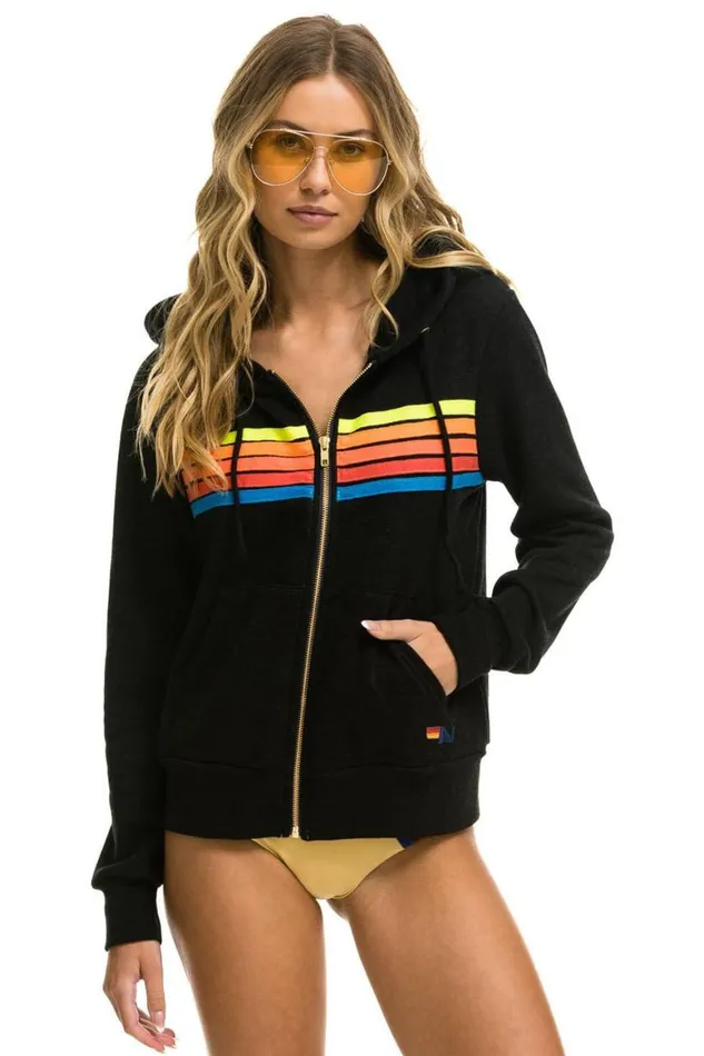 WomenMen Hoodies Aviator Nation 5 Stripe Hoodie 8211 Black Neon Rainbow