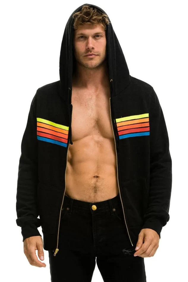 WomenMen Hoodies Aviator Nation 5 Stripe Hoodie 8211 Black Neon Rainbow