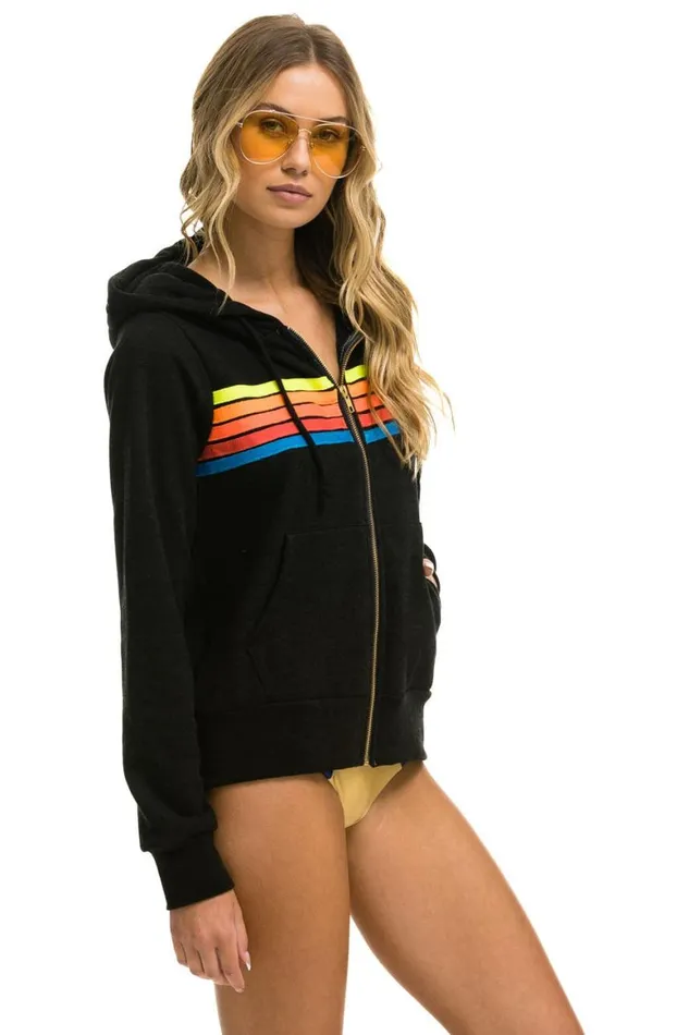 WomenMen Hoodies Aviator Nation 5 Stripe Hoodie 8211 Black Neon Rainbow