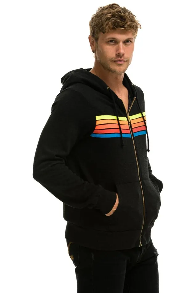 WomenMen Hoodies Aviator Nation 5 Stripe Hoodie 8211 Black Neon Rainbow