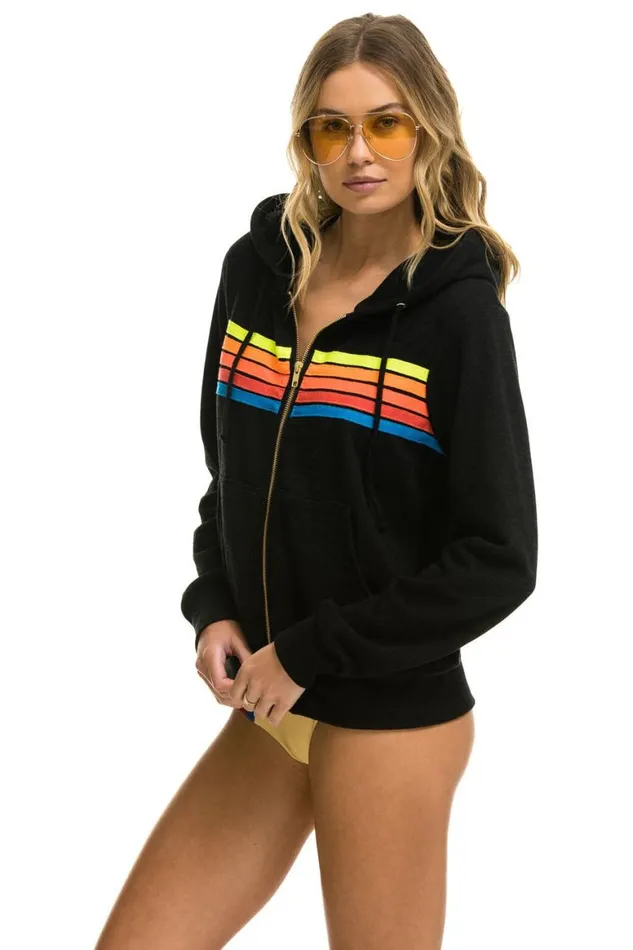 WomenMen Hoodies Aviator Nation 5 Stripe Hoodie 8211 Black Neon Rainbow