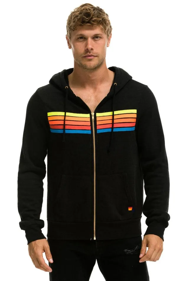 WomenMen Hoodies Aviator Nation 5 Stripe Hoodie 8211 Black Neon Rainbow
