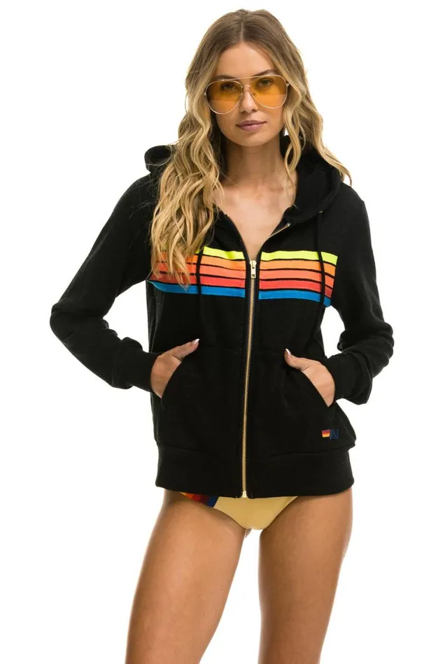 WomenMen Hoodies Aviator Nation 5 Stripe Hoodie 8211 Black Neon Rainbow