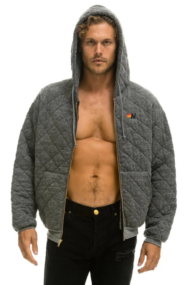 WomenMen Hoodies Aviator Nation Quilted Zip Hoodie Relaxed 8211 Heather Grey
