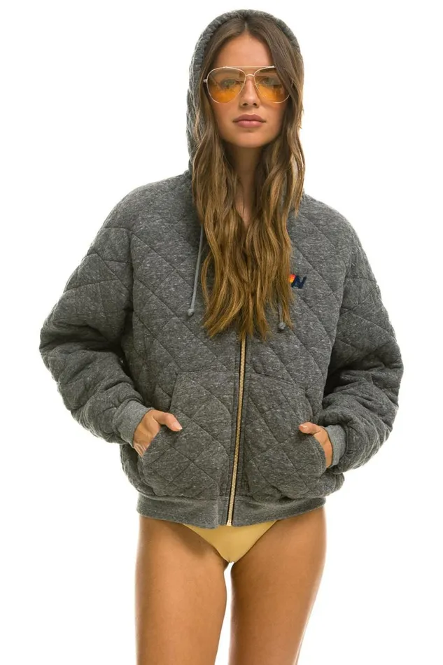 WomenMen Hoodies Aviator Nation Quilted Zip Hoodie Relaxed 8211 Heather Grey