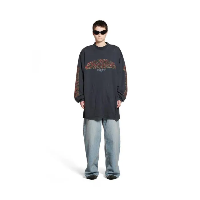WomenMen Tshirts Balenciaga Offshore Long Sleeve Tshirt Oversized In Black Faded WomenMen Tshirts Balenciaga Offshore Long Sleeve Tshirt Oversized In Black Faded
