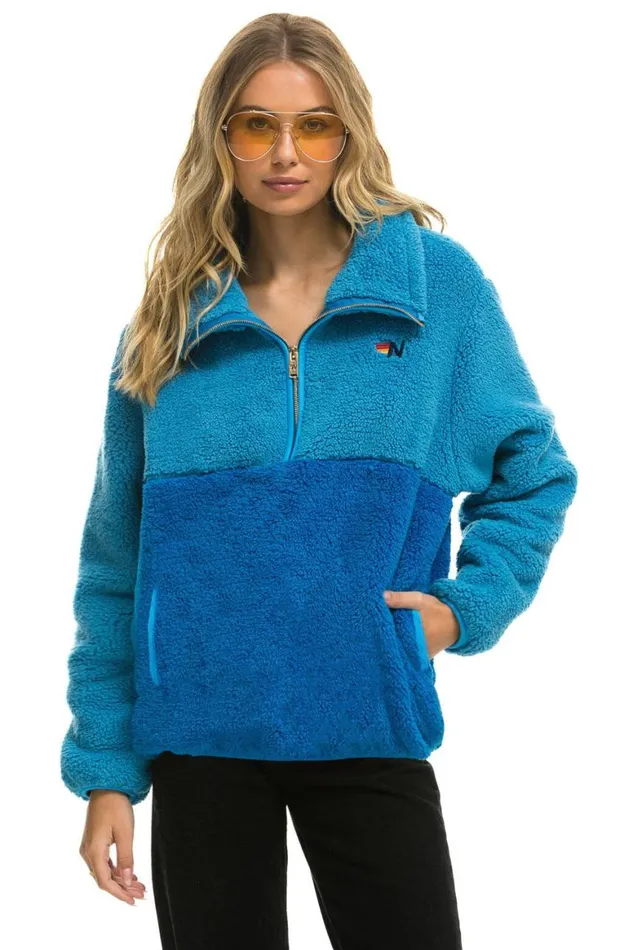 WomenMen Teddy Jackets Aviator Nation Teddy Unisex Half Zip Color Block Jacket 8211 Ocean