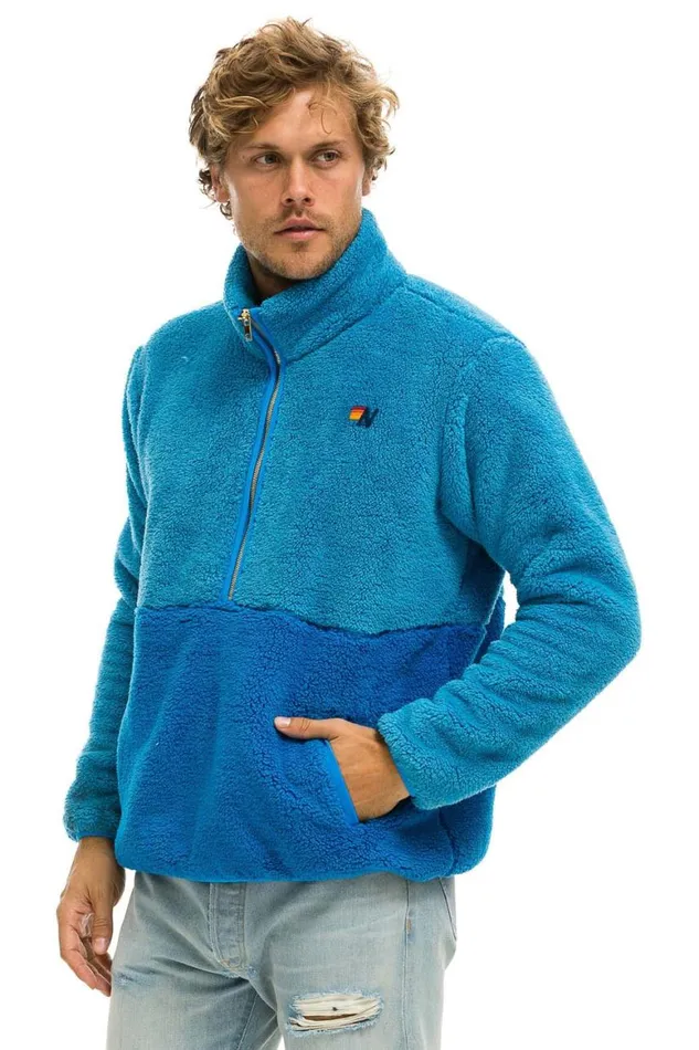 WomenMen Teddy Jackets Aviator Nation Teddy Unisex Half Zip Color Block Jacket 8211 Ocean