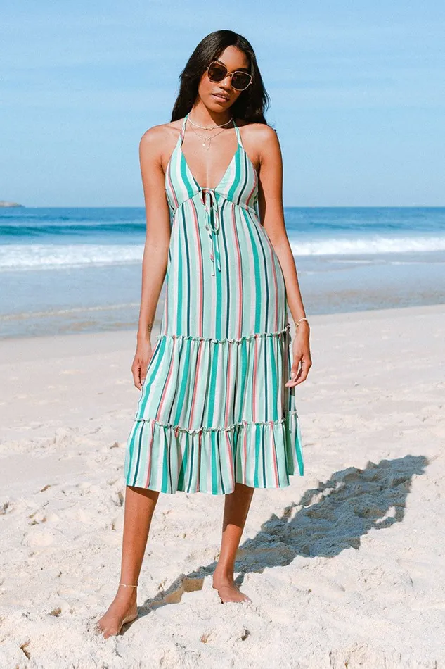 Women Midi Dresses Cupshe Alondra Stripe Frill Halter Neck Elastic Waisted Slip Dress Green Women Midi Dresses Cupshe Alondra Stripe Frill Halter Neck Elastic Waisted Slip Dress Green