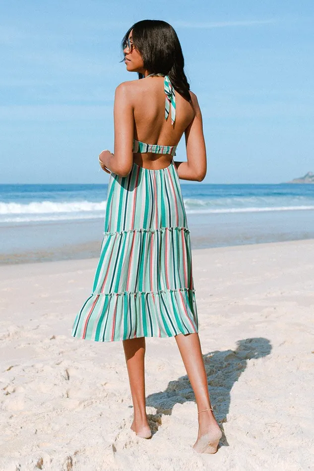 Women Midi Dresses Cupshe Alondra Stripe Frill Halter Neck Elastic Waisted Slip Dress Green