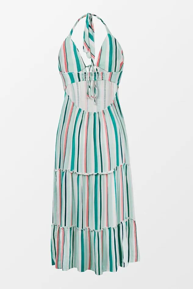 Women Midi Dresses Cupshe Alondra Stripe Frill Halter Neck Elastic Waisted Slip Dress Green