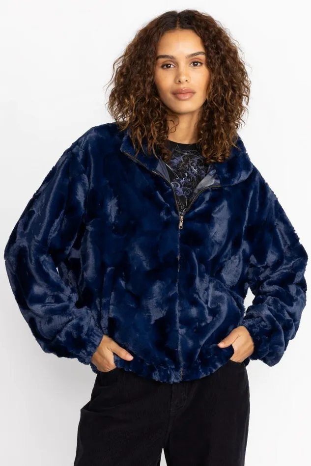 Women MIDNIGHT FAUX FUR BOMBER Deep Navy Johnny Was Outerwear