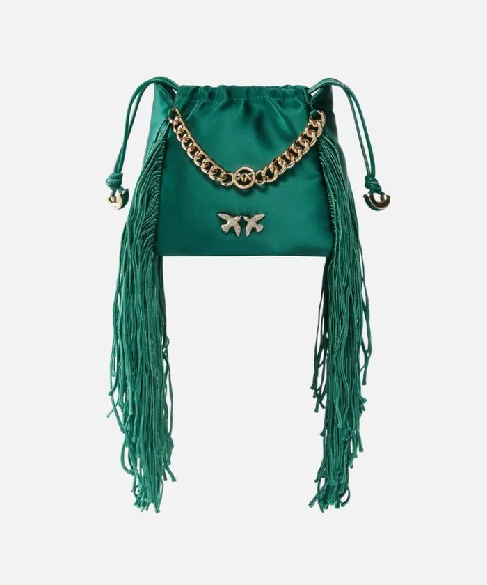 Women Mini Bags Pinko Satin Mini Clutch With Fringing Dark Bottle Greengold