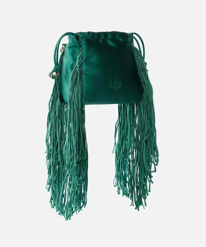 Women Mini Bags Pinko Satin Mini Clutch With Fringing Dark Bottle Greengold Women Mini Bags Pinko Satin Mini Clutch With Fringing Dark Bottle Greengold