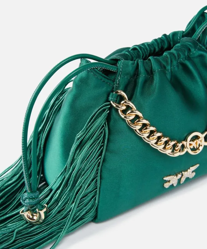 Women Mini Bags Pinko Satin Mini Clutch With Fringing Dark Bottle Greengold Women Mini Bags Pinko Satin Mini Clutch With Fringing Dark Bottle Greengold