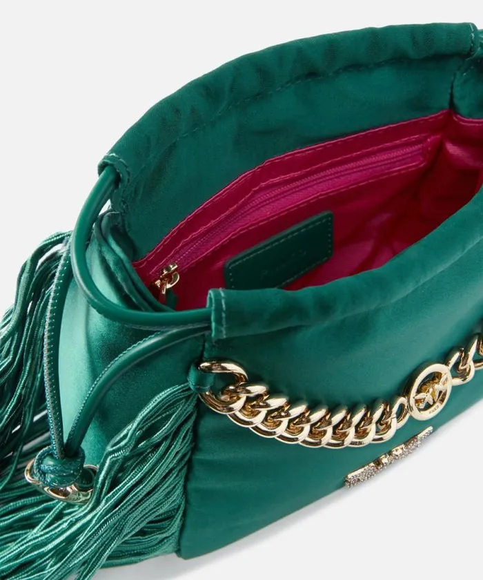 Women Mini Bags Pinko Satin Mini Clutch With Fringing Dark Bottle Greengold Women Mini Bags Pinko Satin Mini Clutch With Fringing Dark Bottle Greengold