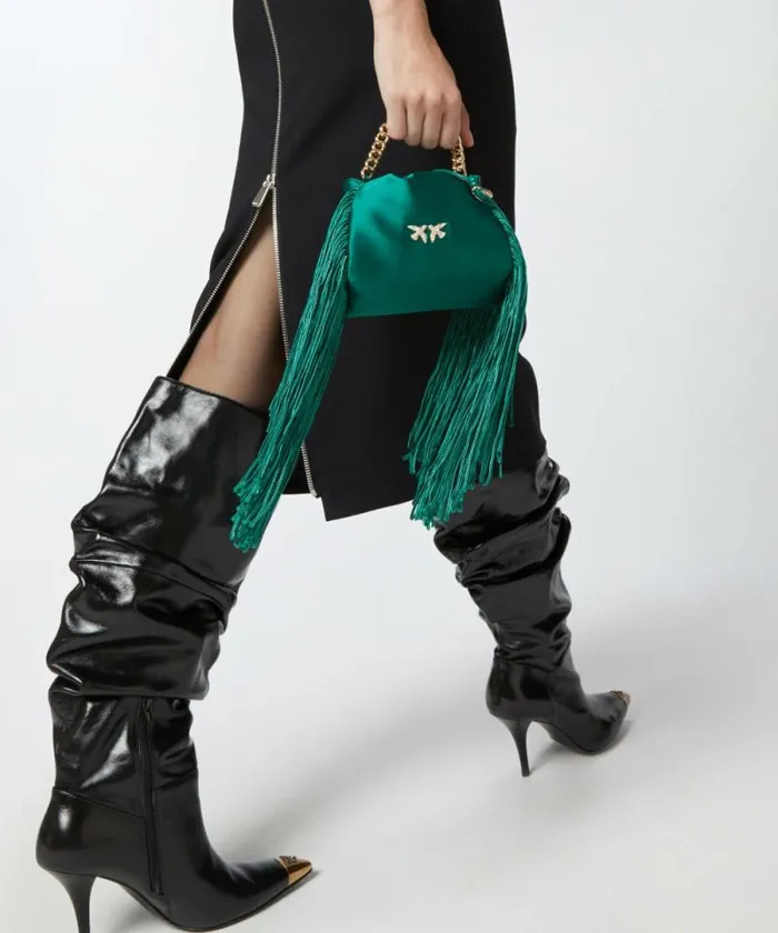 Women Mini Bags Pinko Satin Mini Clutch With Fringing Dark Bottle Greengold Women Mini Bags Pinko Satin Mini Clutch With Fringing Dark Bottle Greengold