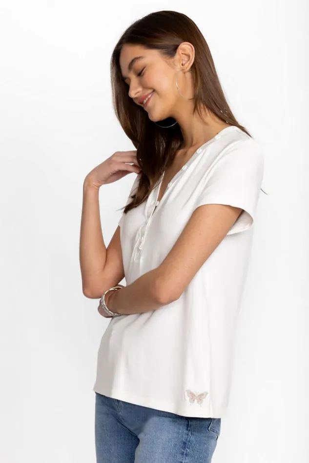 Women MODAL JERSEY BUTTON NECK TEE Bright White Johnny Was Tops