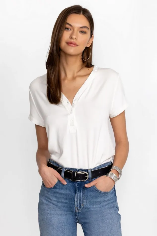 Women MODAL JERSEY BUTTON NECK TEE Bright White Johnny Was Tops Women MODAL JERSEY BUTTON NECK TEE Bright White Johnny Was Tops